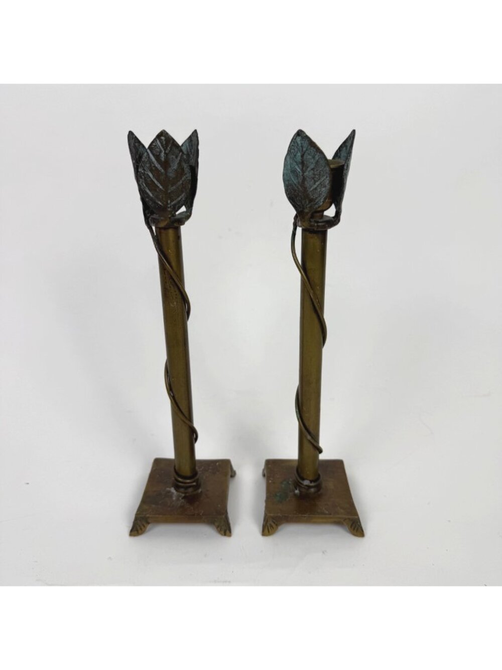 Pair of Vintage Bronze Arrowhead-Leaf Flower Petal Candle Holders 10-1/2"